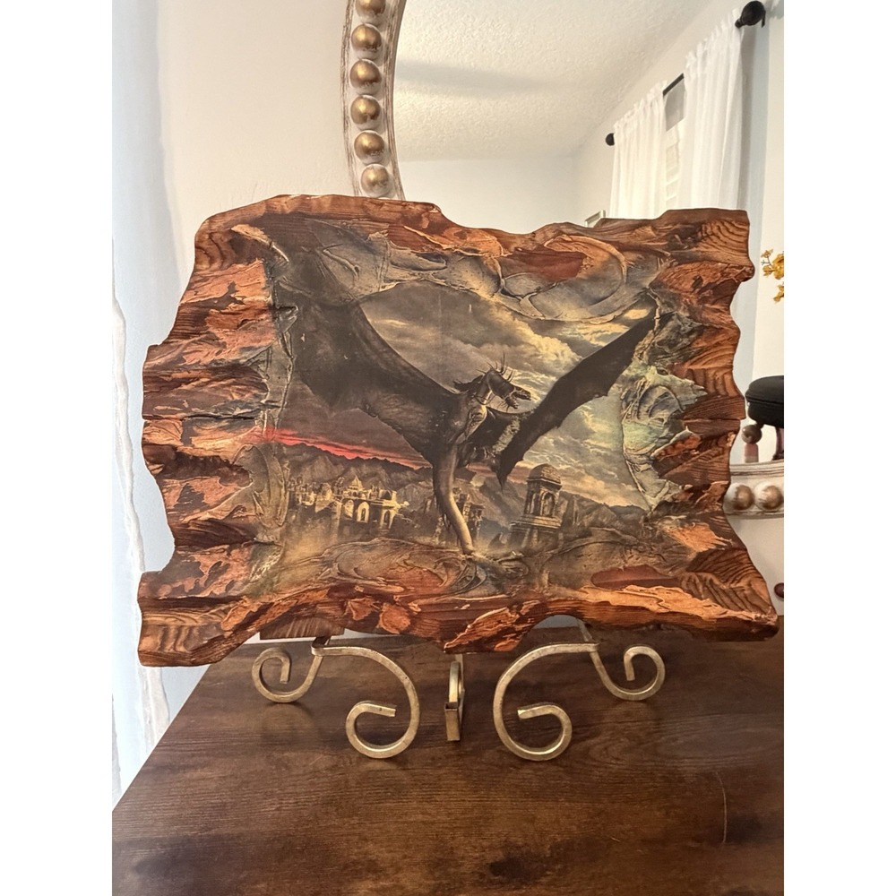 Fantasy Dragon Wood Art Plaque Rustic Live Edge Wall Decor 16in Handcrafted